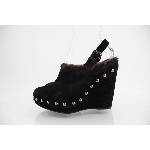 Stuart Weitzman Clogger Mules Women's Size 5.5 Black Wedge Platform Suede Fur - Picture 4 of 12
